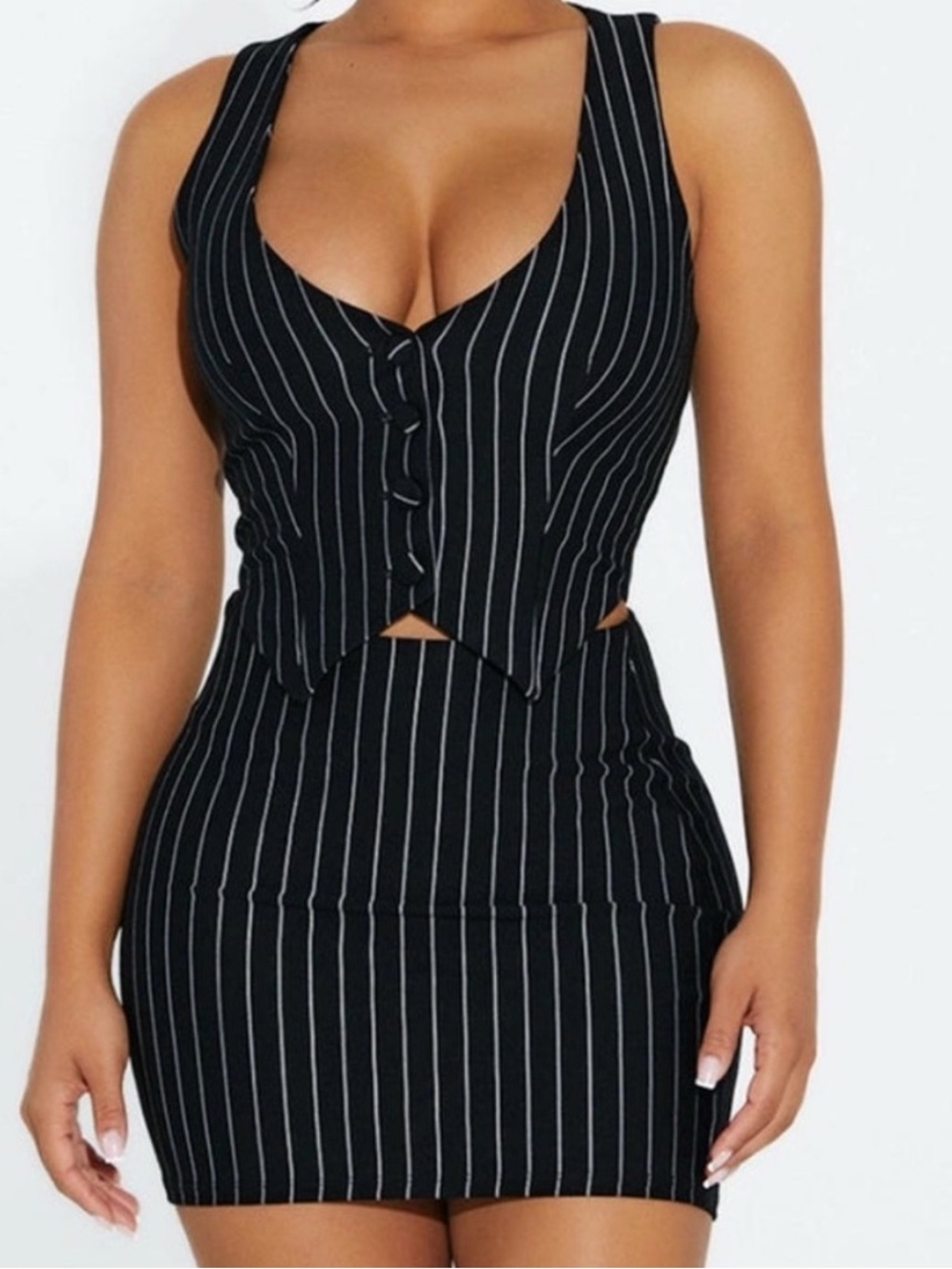 Naked Wardrobe Pinstripe Two-Piece Top & Skirt Set Sz. L